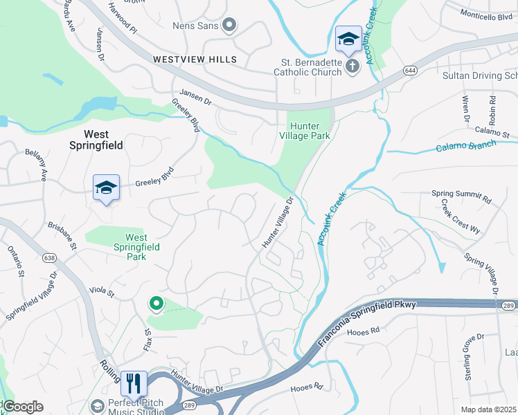 map of restaurants, bars, coffee shops, grocery stores, and more near 6825 Bluecurl Circle in West Springfield