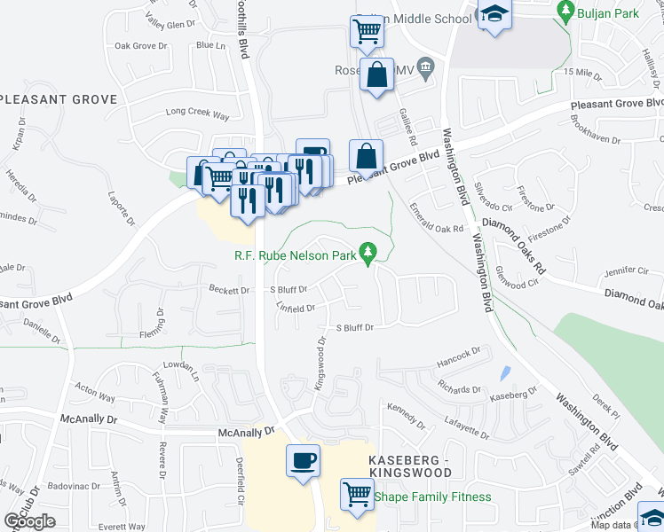 map of restaurants, bars, coffee shops, grocery stores, and more near 1258 South Bluff Drive in Roseville