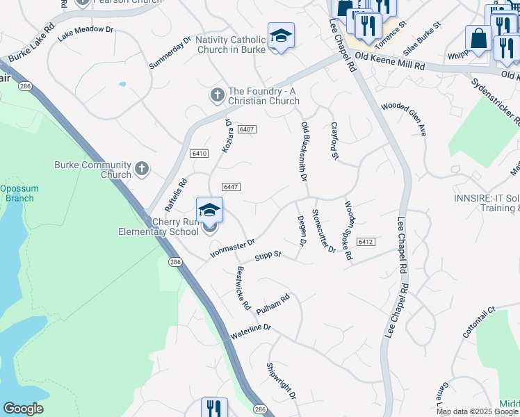 map of restaurants, bars, coffee shops, grocery stores, and more near 6551 Gladeview Court in Burke
