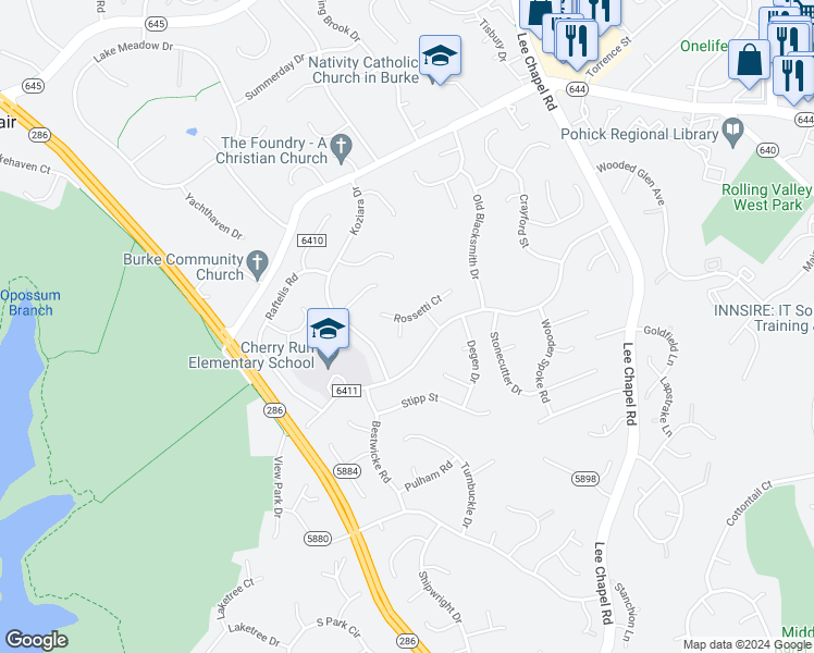map of restaurants, bars, coffee shops, grocery stores, and more near 6551 Gladeview Court in Burke