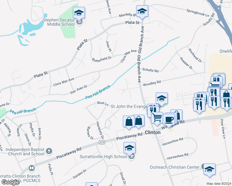 map of restaurants, bars, coffee shops, grocery stores, and more near 6005 Bradley Lane in Clinton