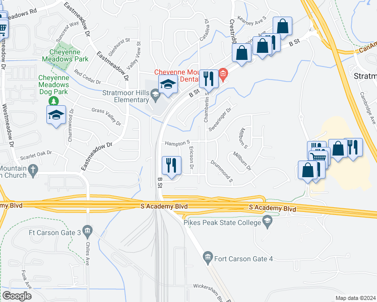 map of restaurants, bars, coffee shops, grocery stores, and more near 4323 Ericson Drive in Colorado Springs