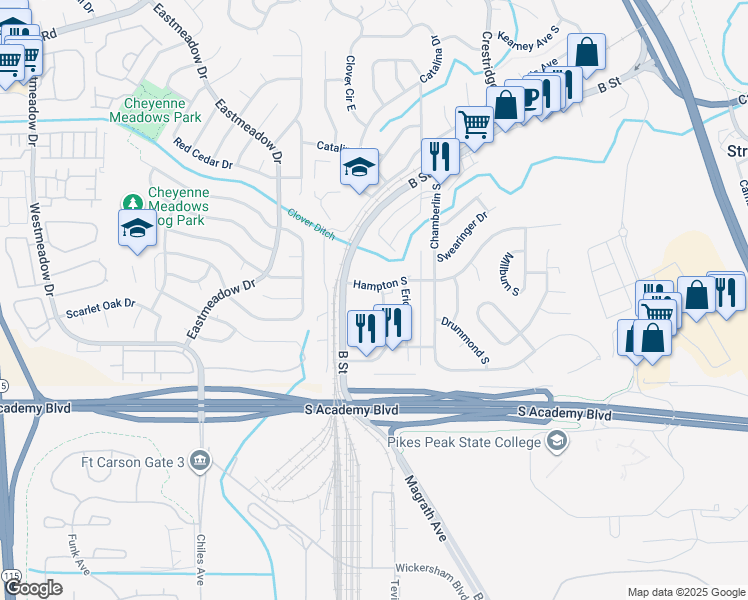 map of restaurants, bars, coffee shops, grocery stores, and more near 4319 Lashelle Avenue in Colorado Springs