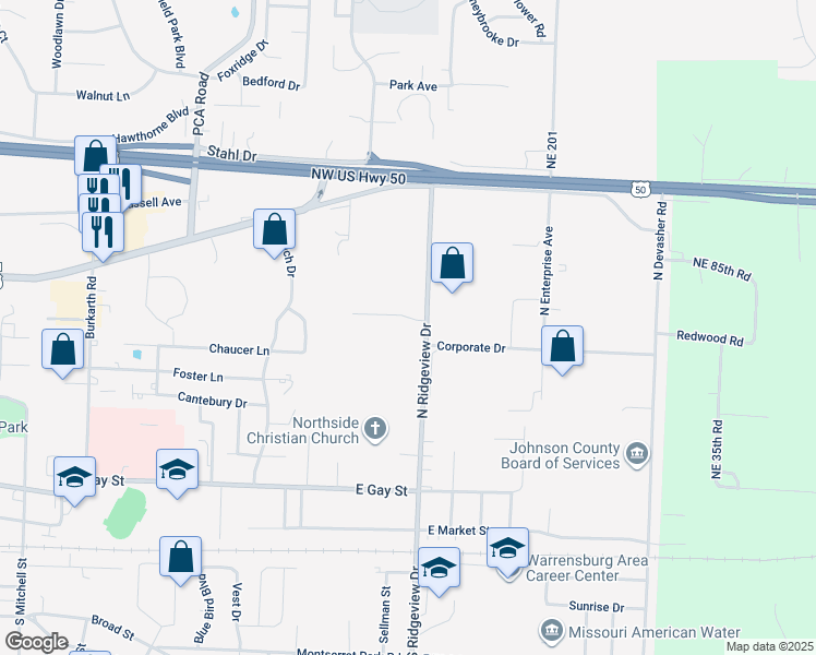 map of restaurants, bars, coffee shops, grocery stores, and more near 522 North Ridgeview Drive in Warrensburg
