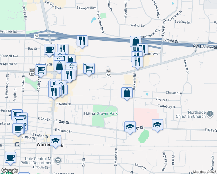 map of restaurants, bars, coffee shops, grocery stores, and more near 608 Wilkes Drive in Warrensburg