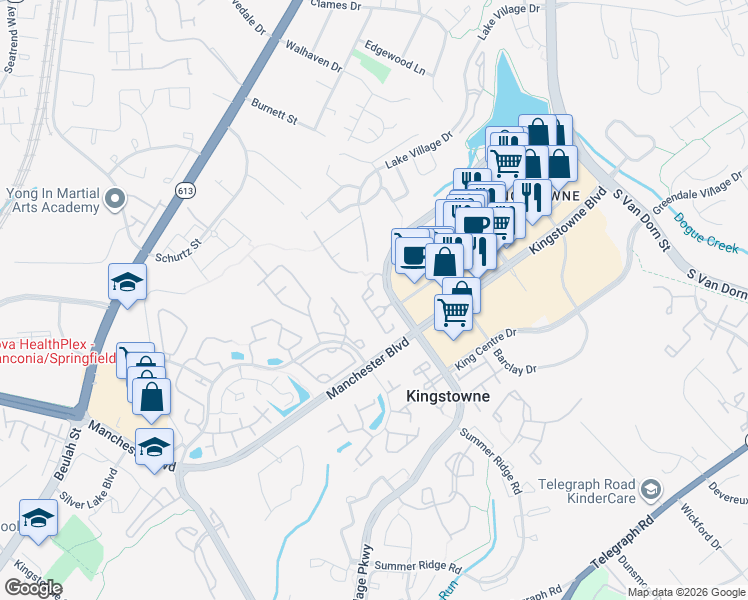 map of restaurants, bars, coffee shops, grocery stores, and more near 6825 Brindle Heath Way in Alexandria