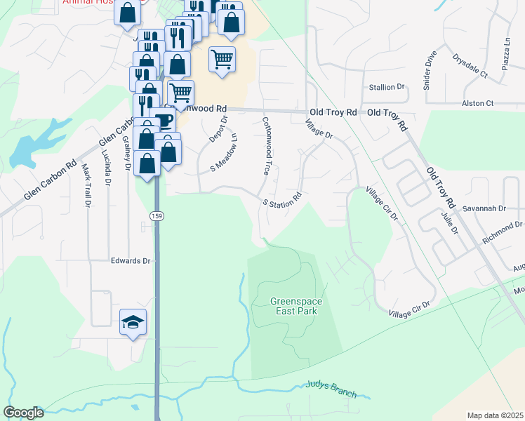 map of restaurants, bars, coffee shops, grocery stores, and more near 502 Pepperhill Court in Glen Carbon