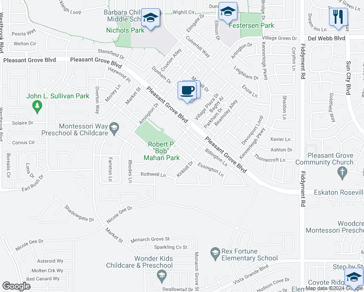 map of restaurants, bars, coffee shops, grocery stores, and more near 1009 Essington Lane in Roseville