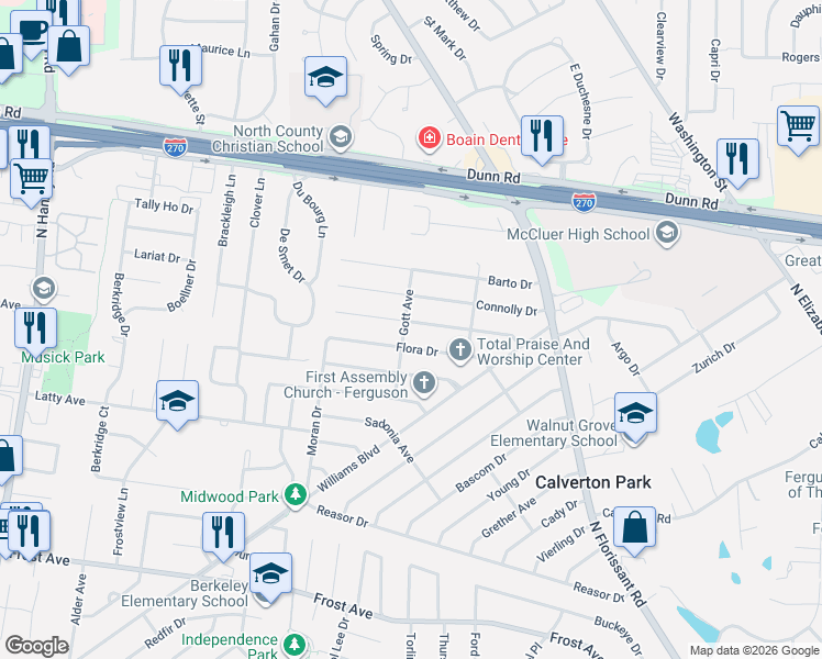 map of restaurants, bars, coffee shops, grocery stores, and more near 165 Flora Drive in St. Louis