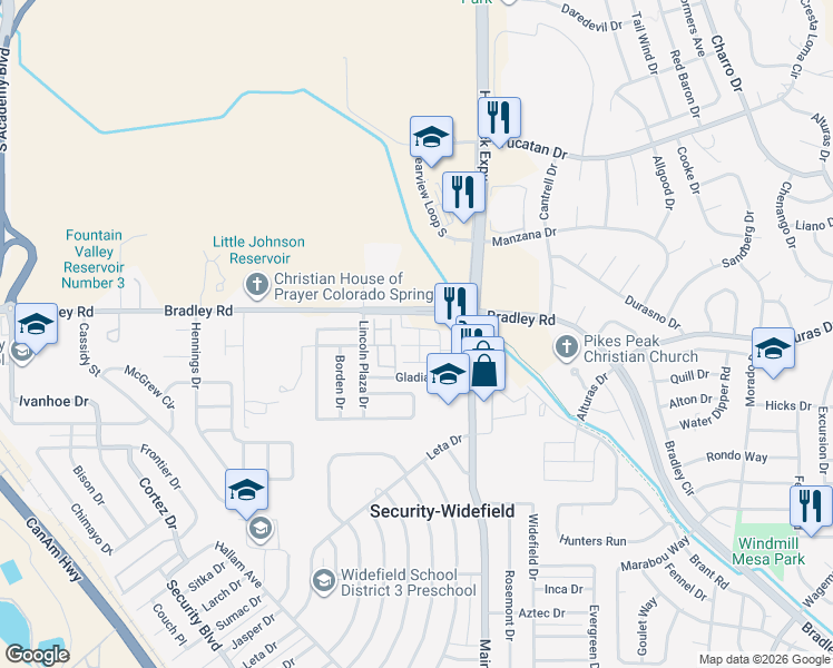 map of restaurants, bars, coffee shops, grocery stores, and more near 4297 Perryville Point in Colorado Springs