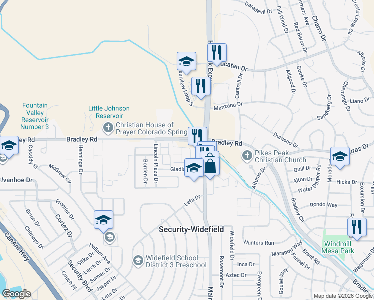map of restaurants, bars, coffee shops, grocery stores, and more near 4694 Wharf Point in Colorado Springs