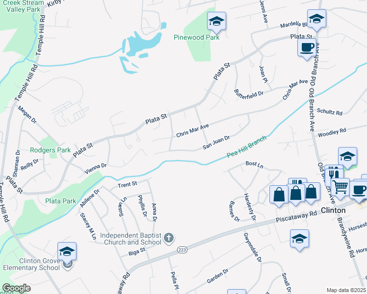 map of restaurants, bars, coffee shops, grocery stores, and more near 5506 San Juan Drive in Clinton