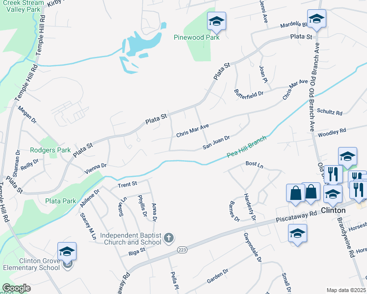 map of restaurants, bars, coffee shops, grocery stores, and more near 5506 San Juan Drive in Clinton