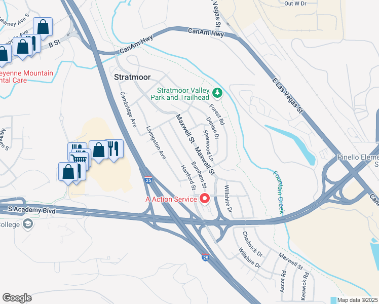 map of restaurants, bars, coffee shops, grocery stores, and more near 1230 Burnham Street in Colorado Springs