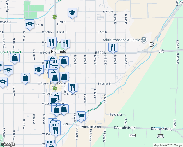 map of restaurants, bars, coffee shops, grocery stores, and more near 358 East 100 North in Richfield