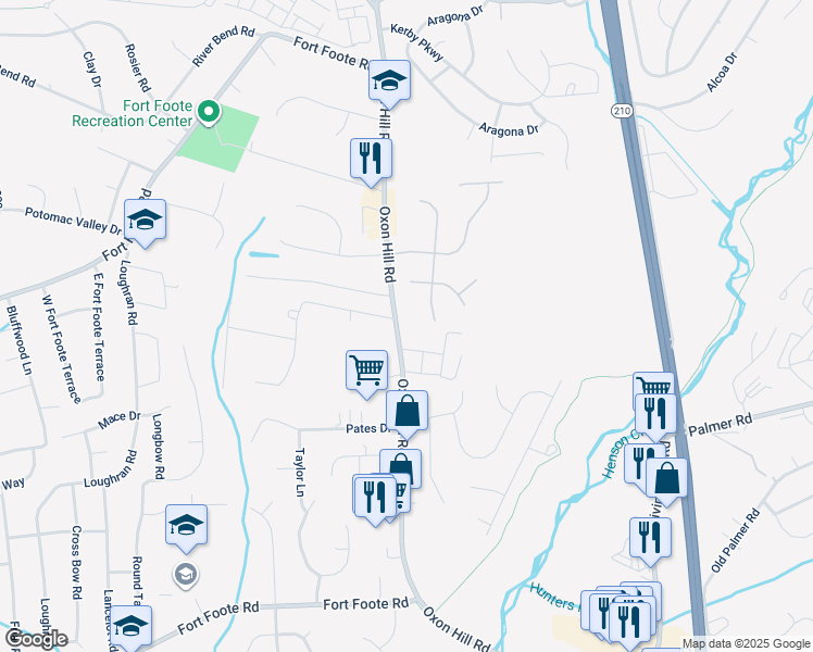 map of restaurants, bars, coffee shops, grocery stores, and more near 8714 Oxon Hill Road in Fort Washington