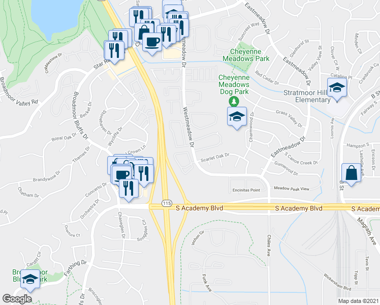 map of restaurants, bars, coffee shops, grocery stores, and more near 4549 Prestige Point in Colorado Springs