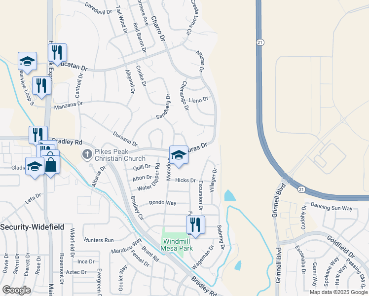 map of restaurants, bars, coffee shops, grocery stores, and more near 5230 Alturas Drive in Colorado Springs