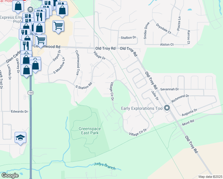 map of restaurants, bars, coffee shops, grocery stores, and more near 1 Peartree Lane in Glen Carbon