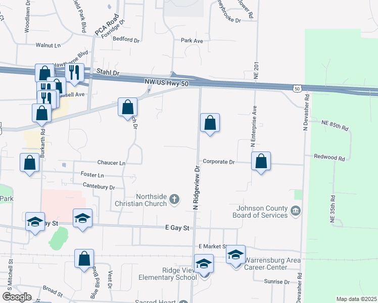 map of restaurants, bars, coffee shops, grocery stores, and more near 834 Prairie Hill Drive in Warrensburg