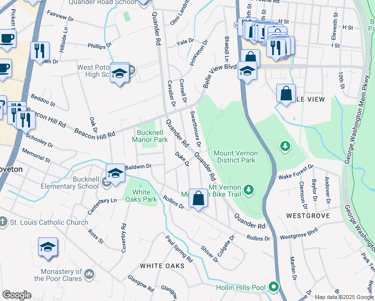 map of restaurants, bars, coffee shops, grocery stores, and more near 6810 Quander Road in Alexandria