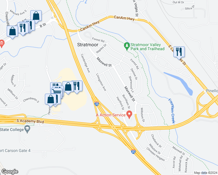 map of restaurants, bars, coffee shops, grocery stores, and more near 1220 Hartford Street in Colorado Springs