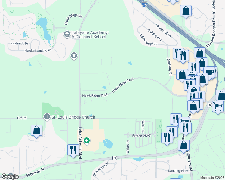 map of restaurants, bars, coffee shops, grocery stores, and more near Hawk Ridge Trail in Lake Saint Louis