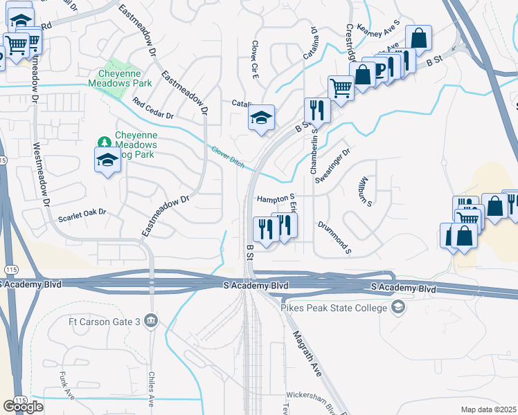 map of restaurants, bars, coffee shops, grocery stores, and more near 1491 B Street in Colorado Springs