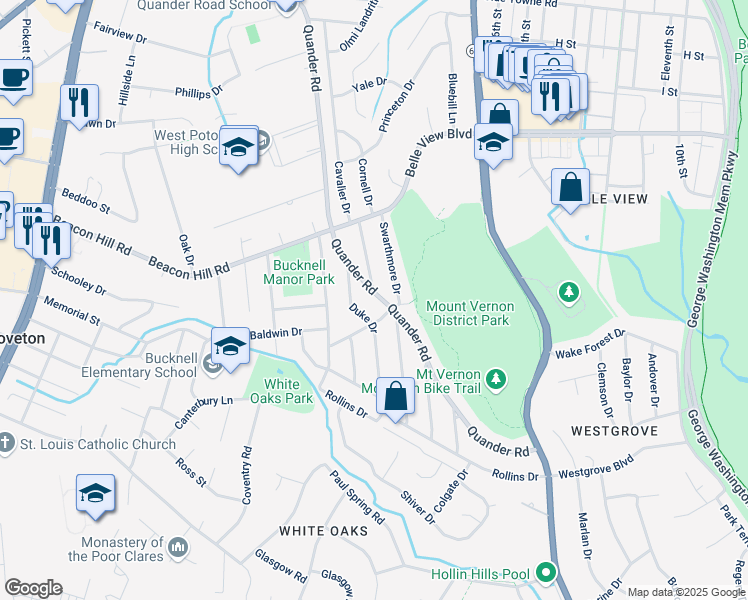 map of restaurants, bars, coffee shops, grocery stores, and more near 6810 Quander Road in Alexandria