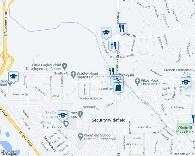 map of restaurants, bars, coffee shops, grocery stores, and more near 4249 Perryville Point in Colorado Springs