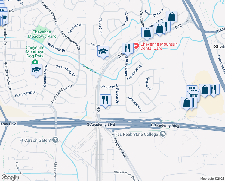 map of restaurants, bars, coffee shops, grocery stores, and more near 4307 Lashelle Avenue in Colorado Springs