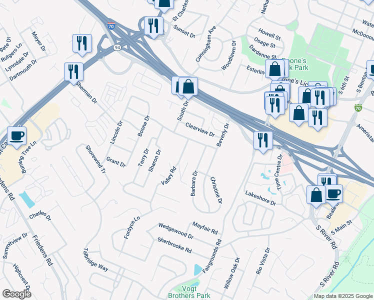 map of restaurants, bars, coffee shops, grocery stores, and more near 2 Valley Road in Saint Charles