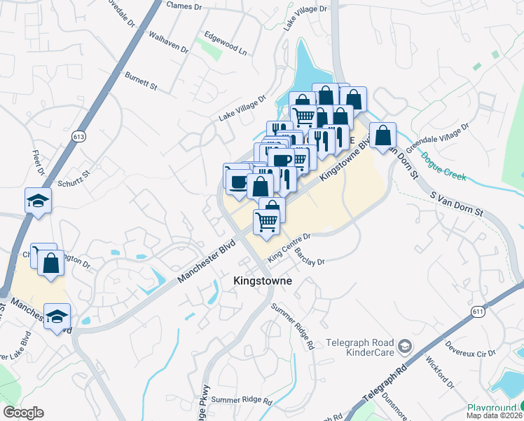 map of restaurants, bars, coffee shops, grocery stores, and more near 5965 Kingstowne Towne Center in Alexandria