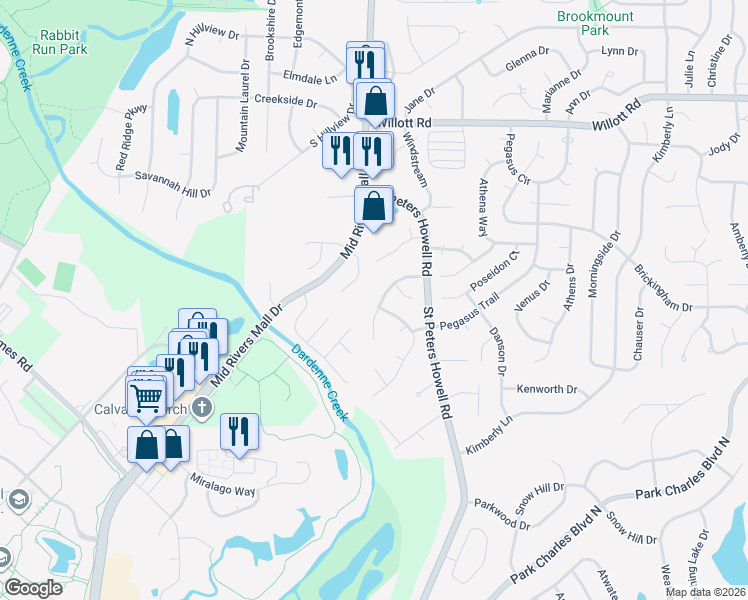 map of restaurants, bars, coffee shops, grocery stores, and more near 1273 Golden Gate Lane in St. Peters