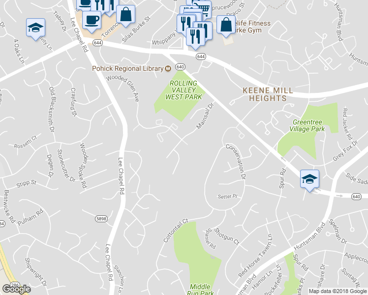 map of restaurants, bars, coffee shops, grocery stores, and more near 9319 Mainsail Drive in Burke