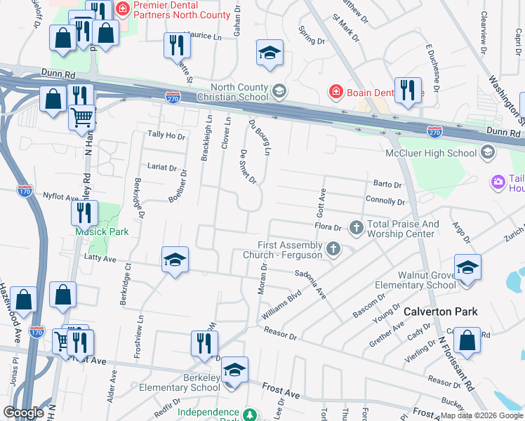 map of restaurants, bars, coffee shops, grocery stores, and more near 380 Marechal Lane in Florissant