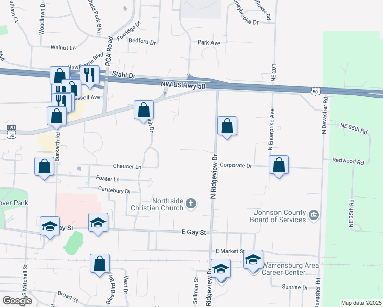 map of restaurants, bars, coffee shops, grocery stores, and more near 826 Prairie Hill Drive in Warrensburg