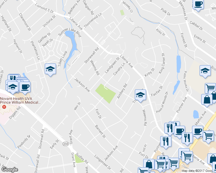 map of restaurants, bars, coffee shops, grocery stores, and more near 8606 Weems Road in Manassas
