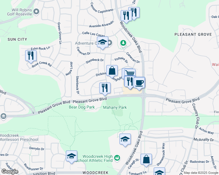 map of restaurants, bars, coffee shops, grocery stores, and more near 203 Crane Court in Roseville