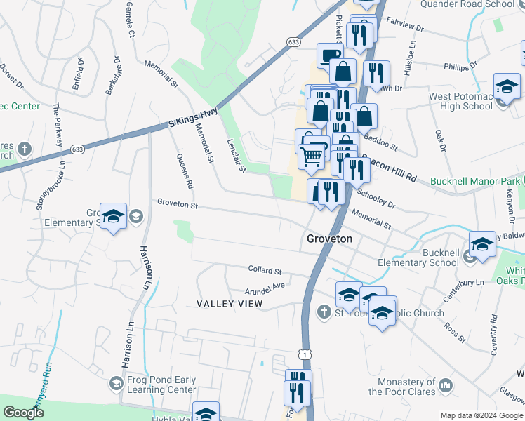 map of restaurants, bars, coffee shops, grocery stores, and more near 3224 Groveton Street in Alexandria