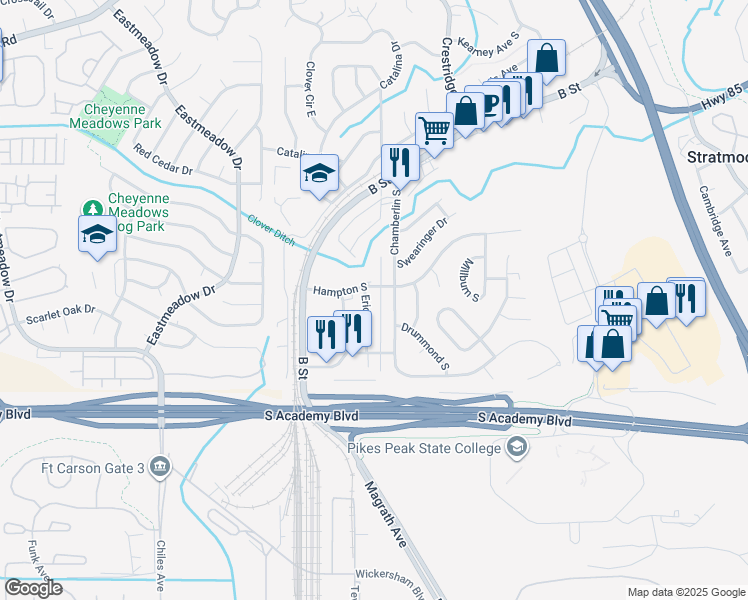 map of restaurants, bars, coffee shops, grocery stores, and more near 4323 Ericson Drive in Colorado Springs