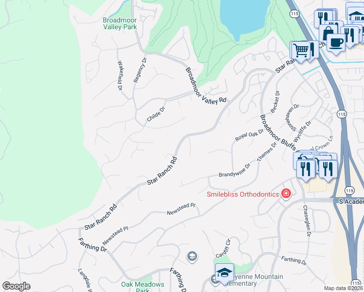 map of restaurants, bars, coffee shops, grocery stores, and more near 4355 Star Ranch Road in Colorado Springs