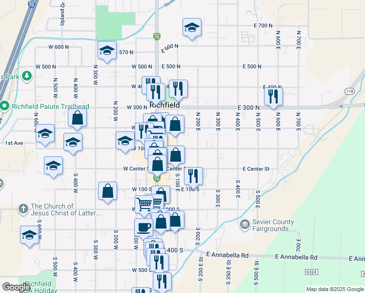 map of restaurants, bars, coffee shops, grocery stores, and more near 69 100 West in Richfield