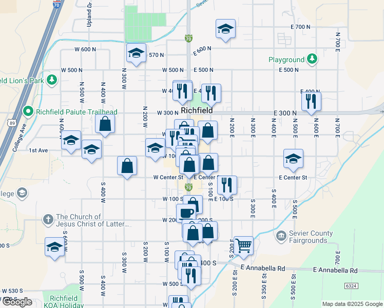 map of restaurants, bars, coffee shops, grocery stores, and more near 16-96 N Main St in Richfield
