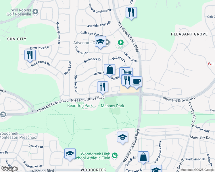 map of restaurants, bars, coffee shops, grocery stores, and more near 203 Crane Court in Roseville