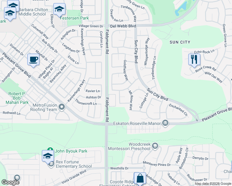 map of restaurants, bars, coffee shops, grocery stores, and more near 6725 Fiddyment Road in Roseville