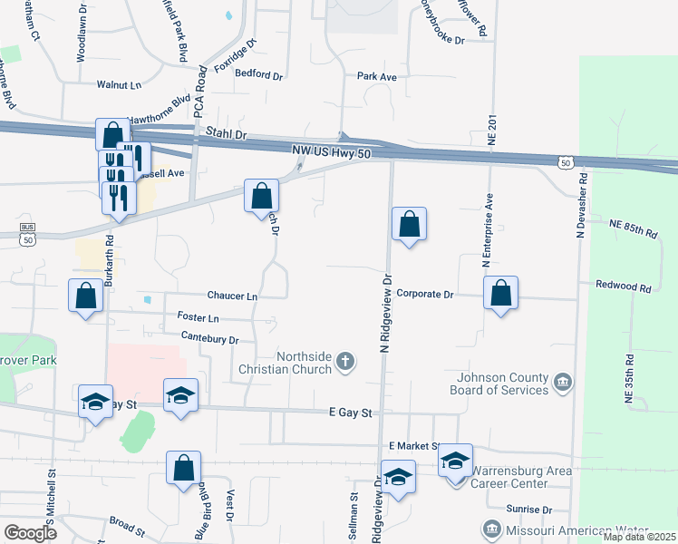 map of restaurants, bars, coffee shops, grocery stores, and more near 826 Prairie Hill Drive in Warrensburg