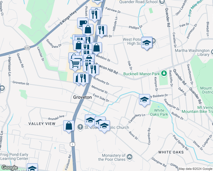 map of restaurants, bars, coffee shops, grocery stores, and more near 2713 Schooley Drive in Alexandria