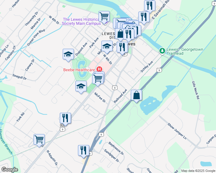 map of restaurants, bars, coffee shops, grocery stores, and more near 124 Dewey Avenue in Lewes
