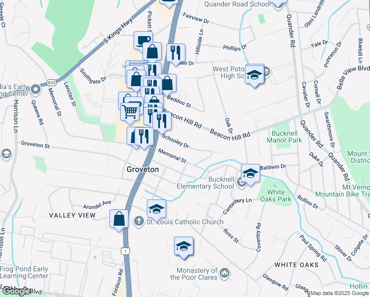 map of restaurants, bars, coffee shops, grocery stores, and more near 2713 Schooley Drive in Alexandria